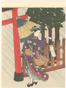 Harunobu/Woman with Lantern and Umbrella【Reproduction】 [雨夜の宮詣【復刻版】]