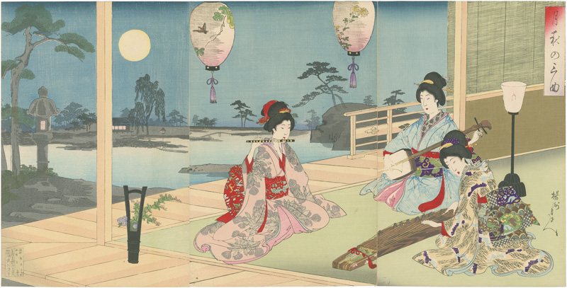 Chikanobu “Playing Sankyoku Music on an Autumn Moonlit Night”／