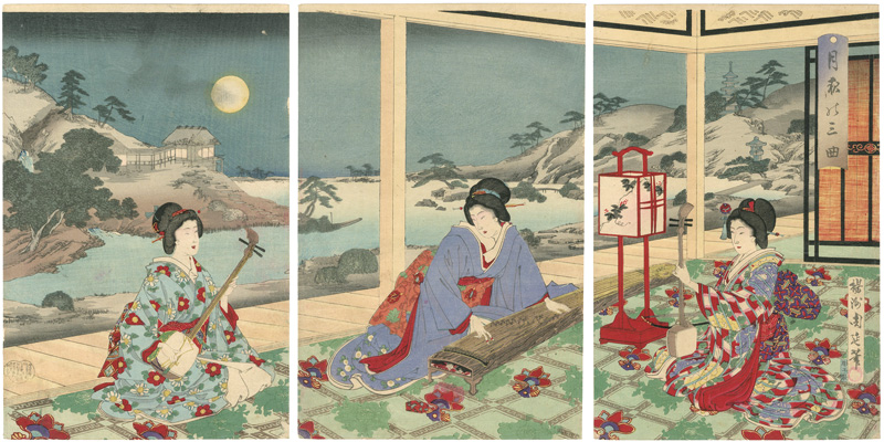 Chikanobu “Playing Sankyoku Music on an Autumn Moonlit Night”／