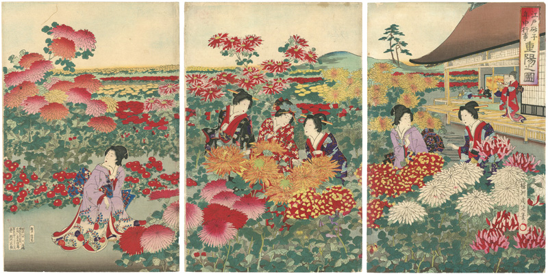 Chikanobu “Events in Edo Throughout the Year on Gold-speckled Paper / Scenes from a Chrysanthemum Festival”／