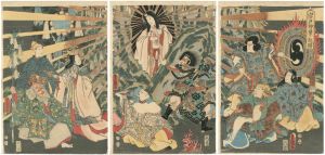 Toyokuni III/Origin of Iwato Kagura Dance ; Japanese Sun Goddess Amaterasu Emerging from a Cave[岩戸神楽ノ起顕]