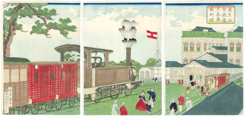 Kuniteru II “Illustration of a Steam Locomotive Passing Shiodome in Tokyo”／