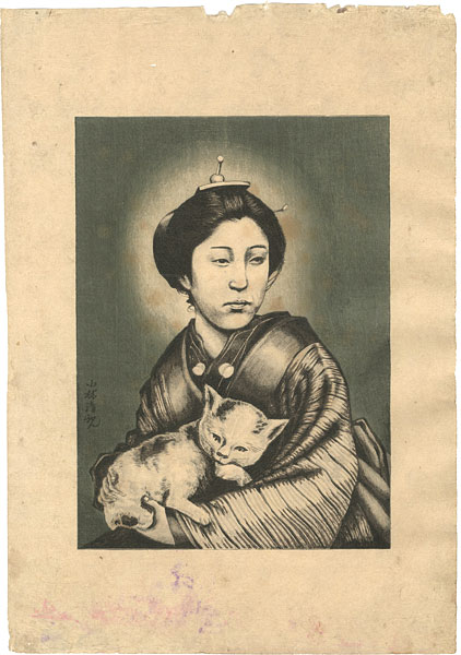 Kiyochika “Woman holding a Cat(tentative title)”／