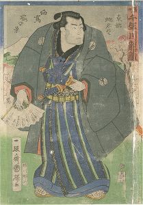 Kuniteru II/Cherry Blossoms at Mukojima (Mukojima sakura no kei) : Wrestler Chitosegawa Tatsuzo from Satsuma Province (Sasshu), from the Series Assorted Place Names in the Eastern Capital (Toto Chimei Zukushi)[薩州千年川龍蔵　東都名所尽 向島桜の景]