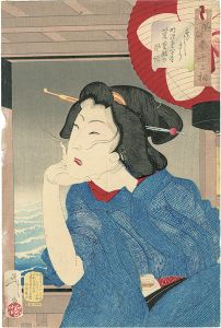 Yoshitoshi/Thirty-two Aspects of Women / Looking Cool : The Appearance of a Geisha in the Fifth or Sixth Year of Meiji[風俗三十二相　すずしさう　明治五六年以来　芸妓の風俗]