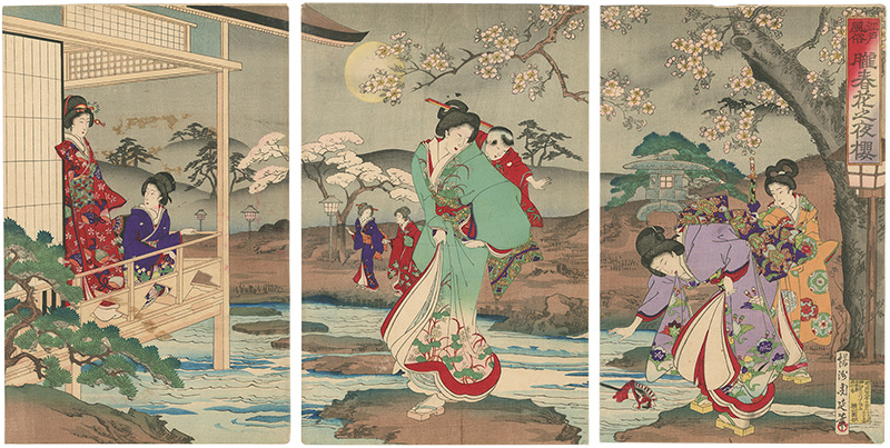 Chikanobu “Customs of Edo: Hazy Spring Flowers/ Cherry Blossoms at Night”／
