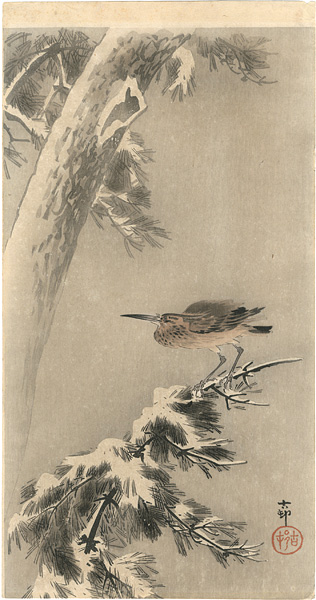 Ohara Koson(Shoson) “Black-crowned Night Heron on Snowy Pine Branch”／