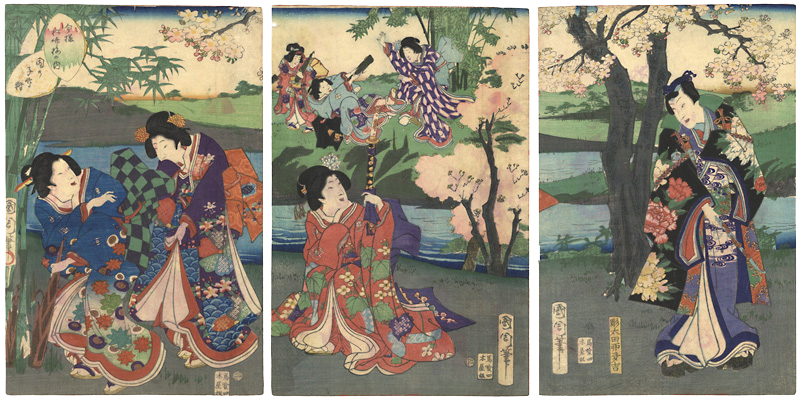 Kunichika “The Modern Styles of Sho-chiku-bai / Gathering Bamboo Shoots in the Garden”／