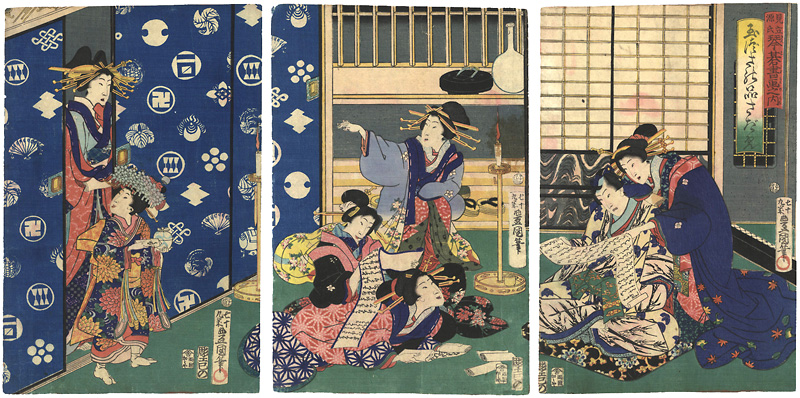 Toyokuni III “Four Arts in the Genji / Caligraphy, Judging Tamazusa”／
