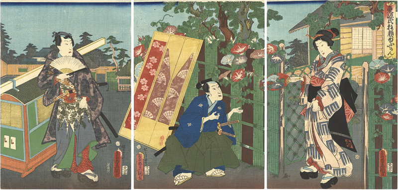 Toyokuni III “Genji Taking a Stroll for Morning Glories”／