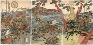 Kunisada I/In the Battle of the Seventh Day of the Second Month, 1184, the Heike Clan Are Defeated and Flee to Yashima in Sanuki Province[元暦元年二月七日合戦平家討破讃州ハ嶋落ノ図]