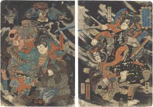 Shunsho II/Minamoto no Yoshinaka and His Four Retainers Defeat the Tengu in the Deep Mountains of Kiso[源義仲四天王トともに木曽の奥山に天狗を退治す]