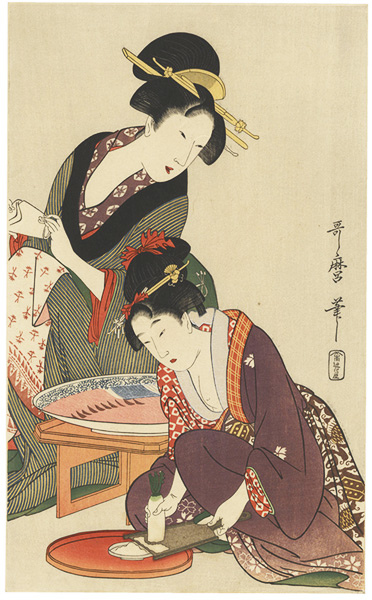 Utamaro “She is making garnishs with sliced raw fish【Reproduction】”／