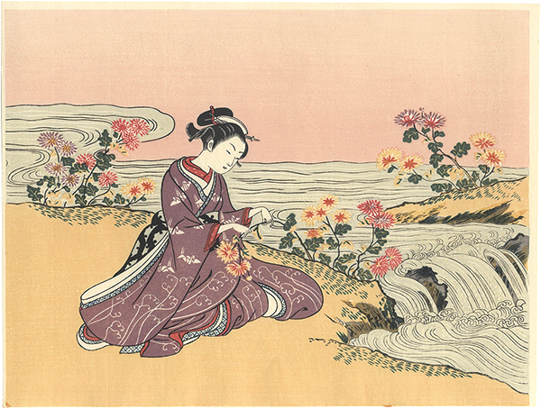 Harunobu “A Girl Collecting Chrysanthemum Dew by the Stream【Reproduction】”／