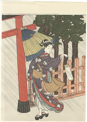 Harunobu “Woman Visiting the Shrine on a Rainy Night【Reproduction】”／