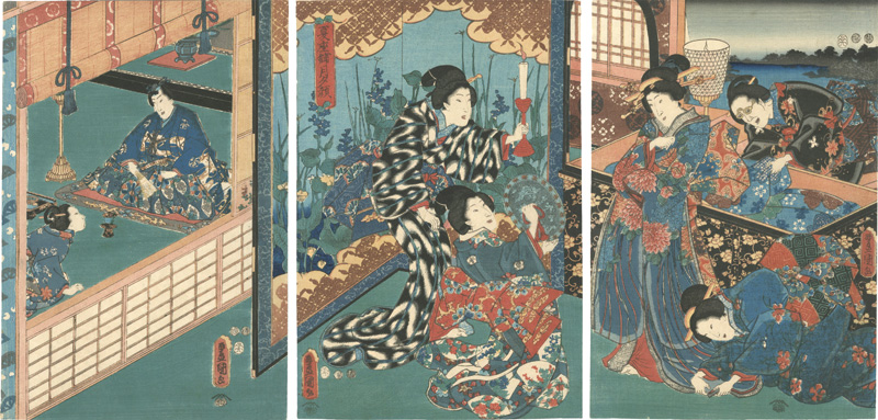 Toyokuni III “Natsuzashiki Tsuki to Yugao (Yugao in the Moonlight in a Summer Palace)”／