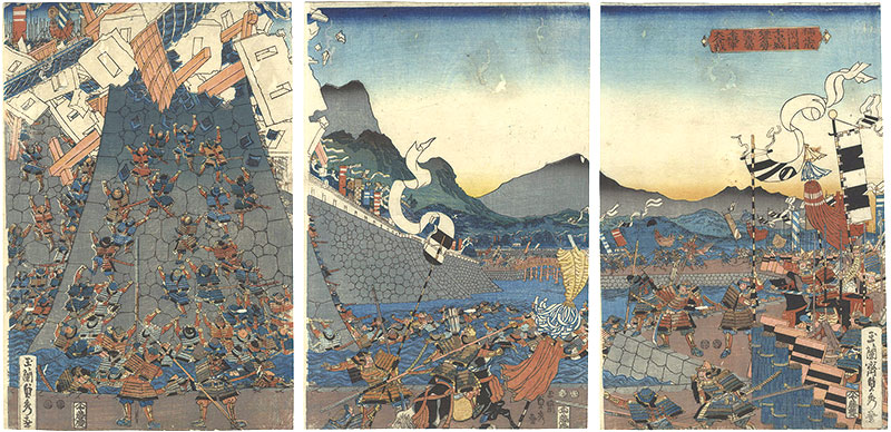 Sadahide “Kusunoki Masashige's Great Battle at Chihaya Castle in Kawachi Province, a Disaster for the Attacking Force from Kamakura”／