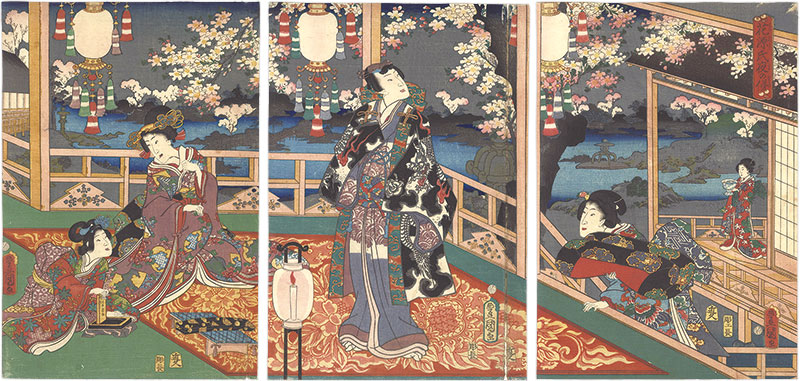 Toyokuni III “Genji Reflects on the Blossoms at Night”／