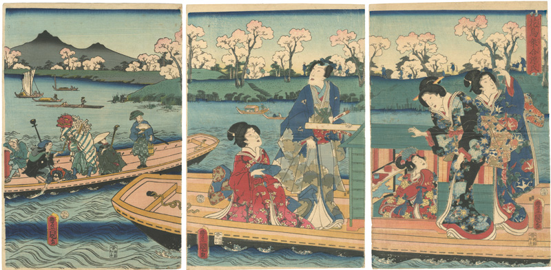 Toyokuni III “Flowers and Birds: Genji and His Companions Sharing a Boat ”／