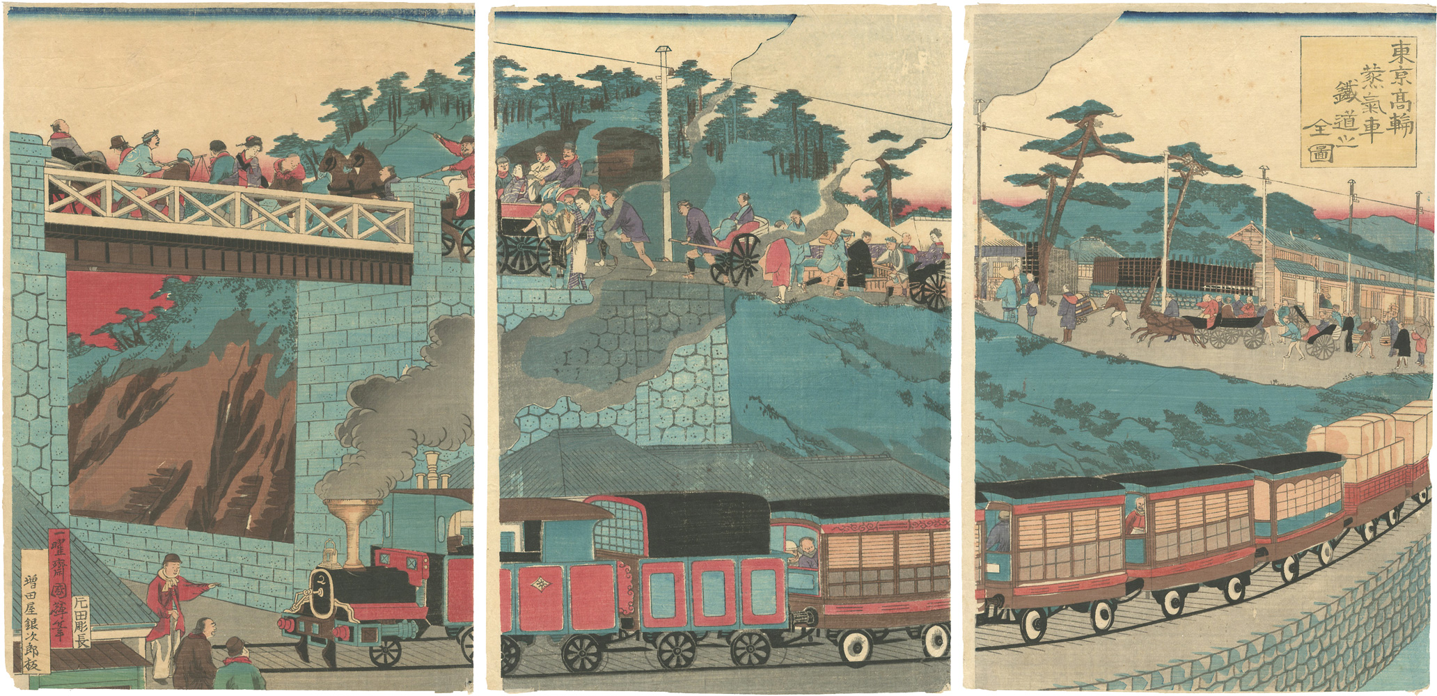 Kuniteru II “Complete View of the Steam Train Railroad at Takanawa, Tokyo”／