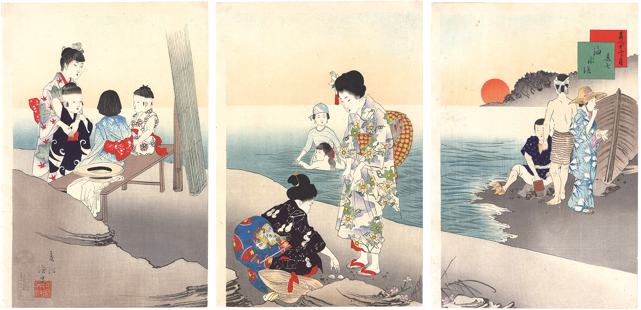 Shuntei “Beauties in the Twelve Months / No. 7: Sea Bathing”／