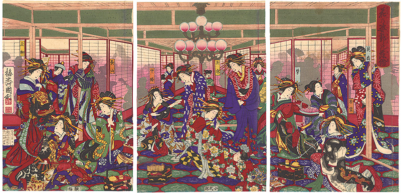 Kunitoshi “Beautiful Courtesans with Figures in Silhouette”／
