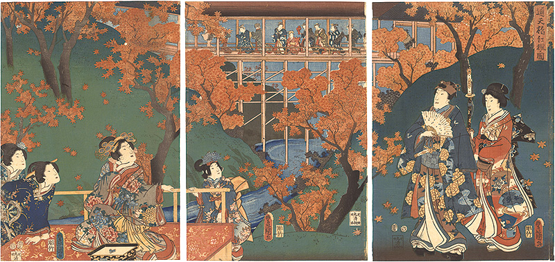 Toyokuni III “Red Maple Leaves at the Tsuten Bridge”／