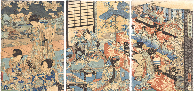 浮世絵、ひとりおのこ姫八人(田舎源氏）三枚綴り、三代豊国画