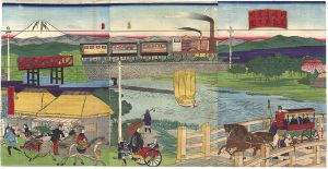 Hiroshige III/Steam Train Crossing the Tsurumi River, Kawasaki[河崎鶴見川蒸気車之図]