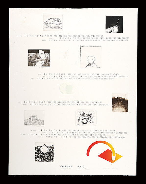 Nomiyama Gyoji, Kiyotsuka Noriko, Tamura Fumio, Komai Tetsuro, Oyamatsu Takashi, Ono Tadashige, Fukuoka Yasuhiko, Fukuzawa Ichiro, Nakabayashi Churyo, Hara Takeshi “Tokyo University of the Arts original prints calender 1973”／