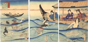 Kunisada II/Rustic Genji's Poetry Contest / Mitsuuji's Excursion to the Seaside to See Abalone Diving[田舎源氏色紙合　光氏君海辺にて鮑をとらせ遊らんの図]