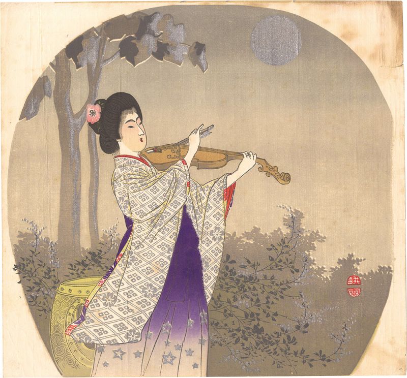 Sakata Kosetsu “Uchiwa-e: Woman Playing the Violin”／