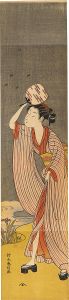 Harunobu/Beauty Holding a Fan with Fireflies (tentative title)【Reproduction】[団扇美人に蛍（仮題）【復刻版】]