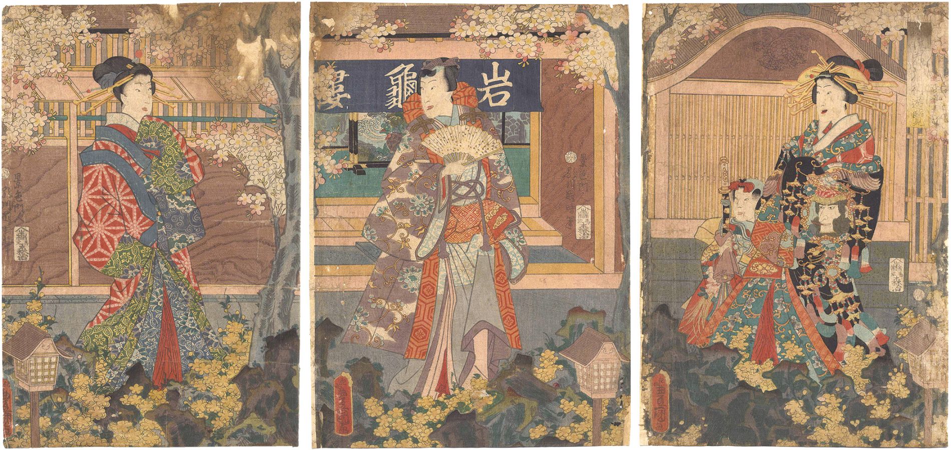 歌川豊国(三代) 源氏絵 2枚続「源氏君花街遊覧」江戸幕末 1860年頃 