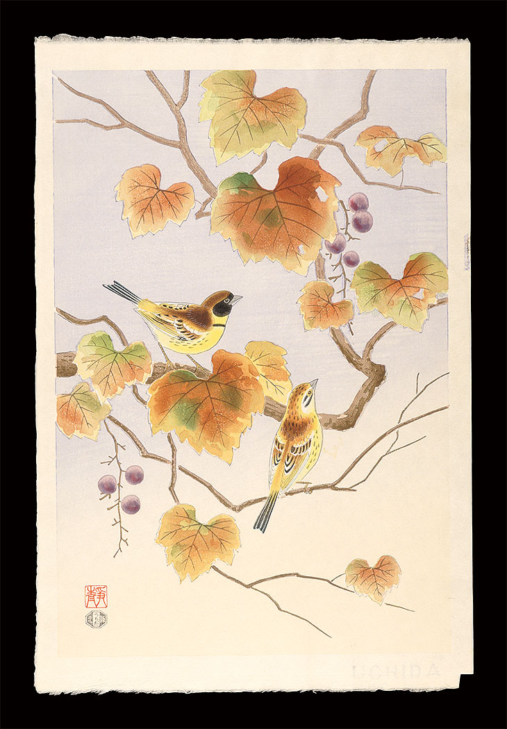 Ashikaga Shizuo “Yellow-breasted Buntings and Grape”／