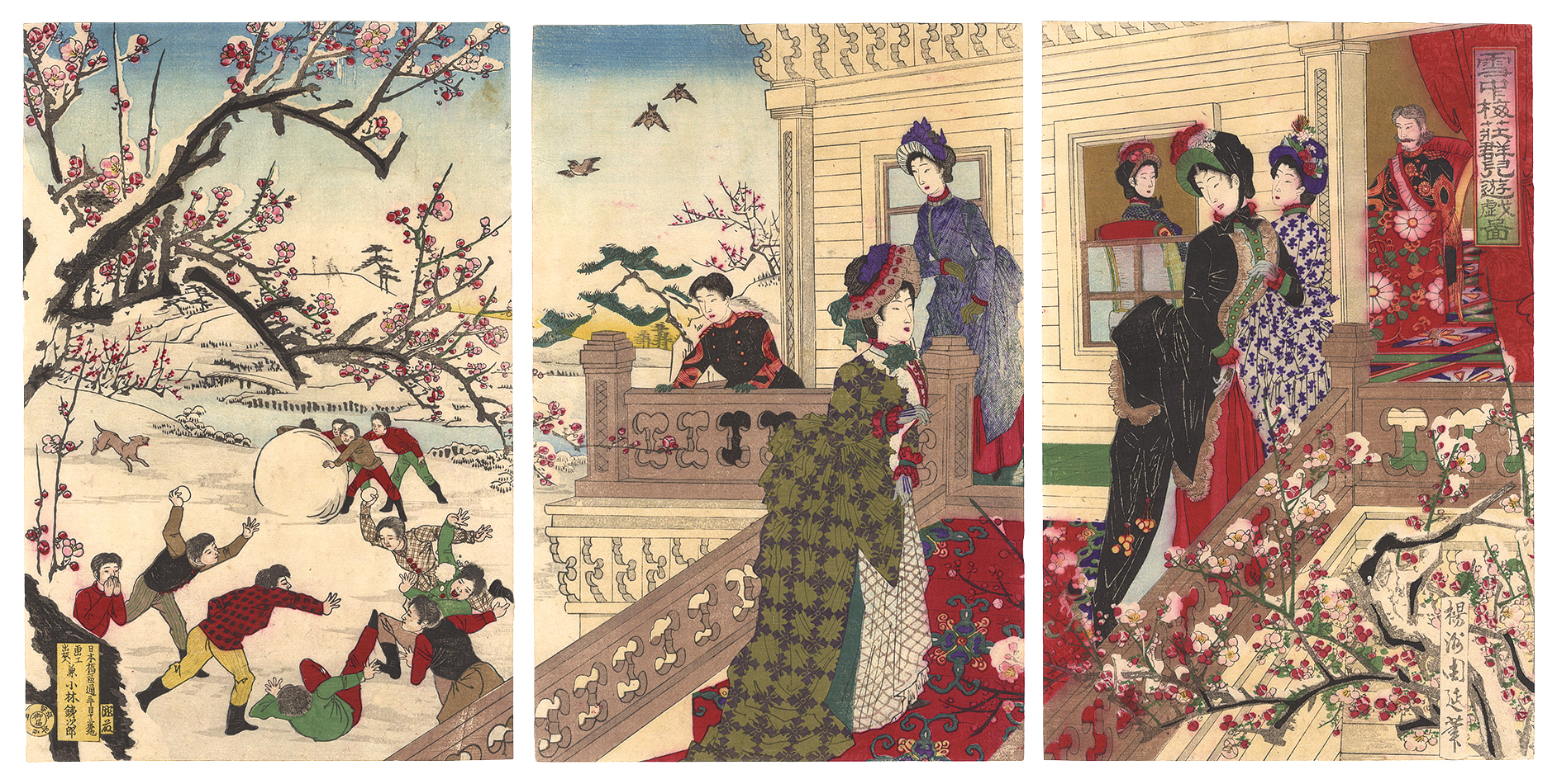 Chikanobu “Children Playing in the Snow under Plum Trees in Bloom”／