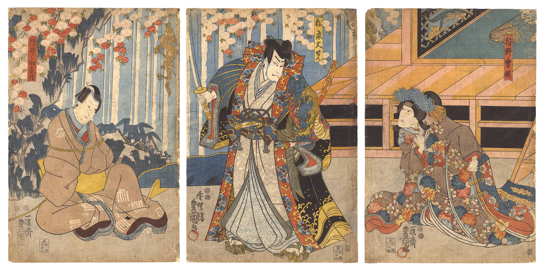 Toyokuni III “Kabuki Play: Tsuki Yuki Hana Maki-e no Kendai”／