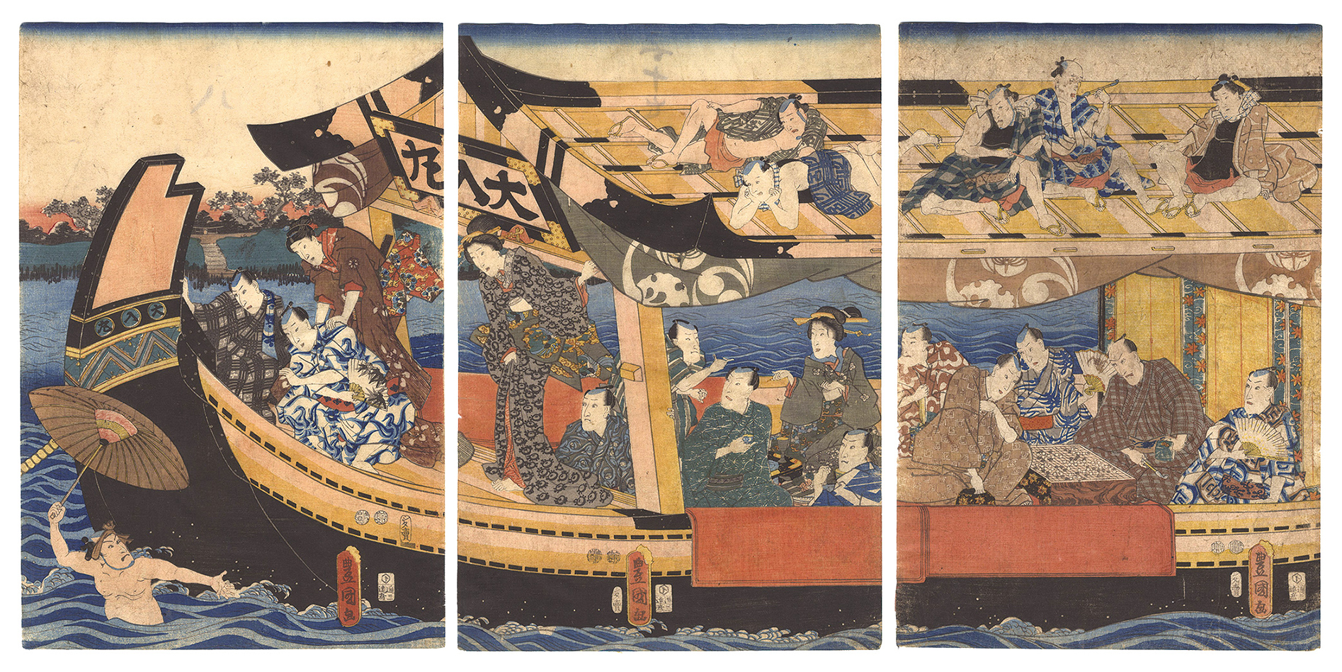 Toyokuni III “Actors on the Pleasure Boat Full House”／