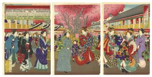Courtesans of the New Yoshiwara Parading under Cherry Blossoms / Kunimasa IV