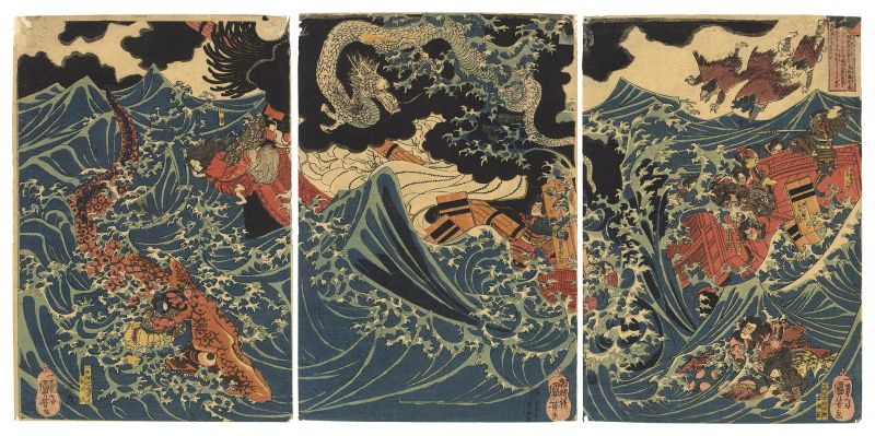 Kuniyoshi “On the Sea at Mizumata in Hogo Province, Tametomo Encounters a Storm...”／