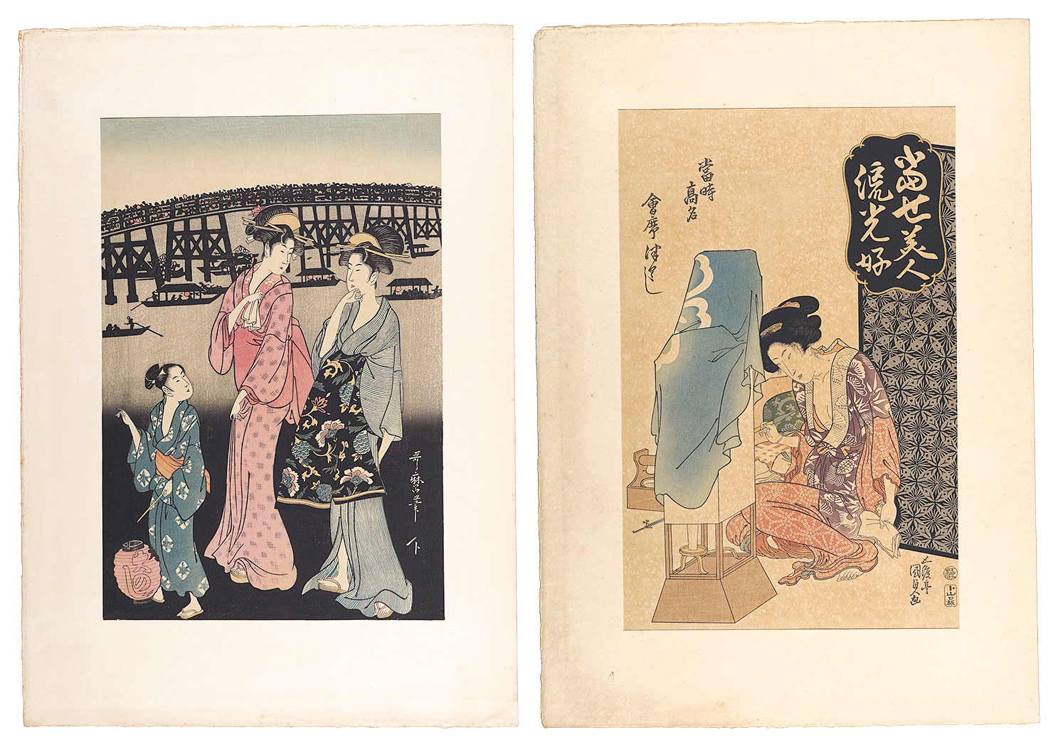 Kunisada I, Utamaro “Japanese-style lamp and Courtesan / Ryogoku Fireworks 【Reproduction】”／