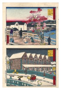 Hiroshige III/Famous Places of Tokyo, Past and Present / Edobashi: Storehouses of Nihonbashi and Mitsubishi[古今東京名所　江戸橋 土手蔵日本橋 三ツ菱の荷蔵]