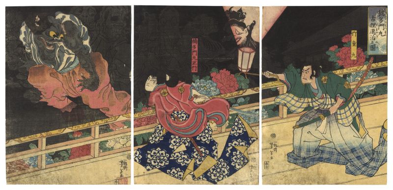 Yoshitoshi “Kusunoki Tamonmaru Vanquishes an Old Raccoon-dog”／