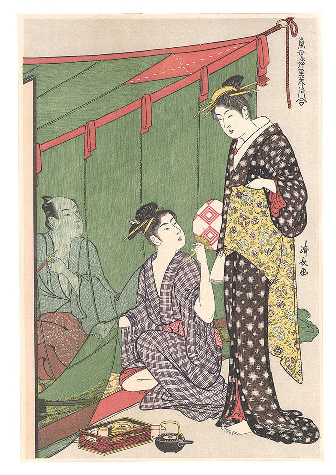 Kiyonaga “Collection of contemporary beauties in the gay quarters/In and out of the mosquito net 【Reproduction】”／
