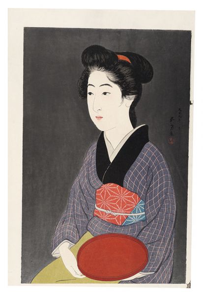 Hashiguchi Goyo “Waitress with a Red Tray (Portrait of Onao, a Maid at the Matsuyoshi Inn, Kyoto)”／