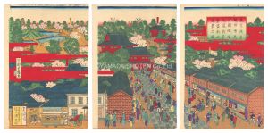 Eisai / Distant View of the Asakusa Kanzeon Temple and the Park with Newly Constructed Brick Buildings in Tokyo [東京浅草観世音並ニ公園地煉瓦屋新築繁盛新地遠景之図]