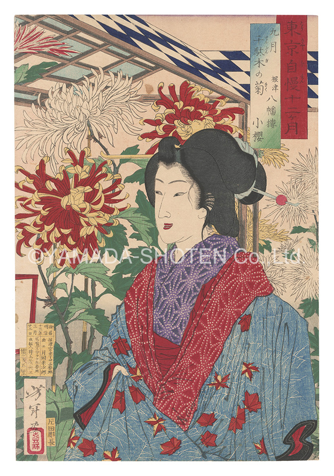 芳年｢東京自慢十二ヶ月　九月 千駄木の菊｣／