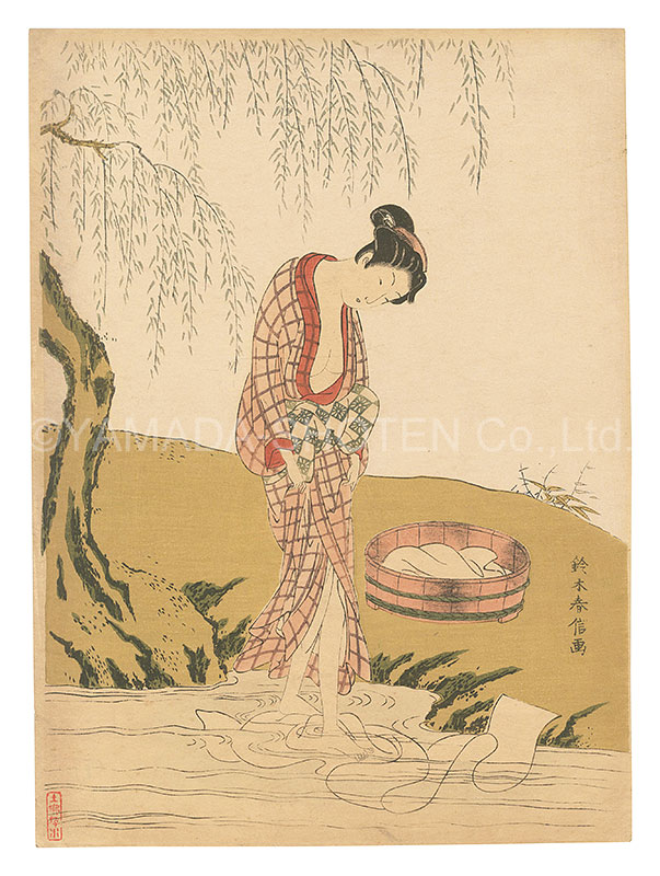 Harunobu “Woman Bleaching Cloth under a Willow Tree【Reproduction】”／