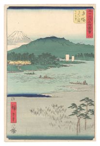 Famous Sights of the Fifty-three Stations / No. 8, Hiratsuka: Ferry on Banyu River and Distant View of Mount O'yama / Hiroshige I