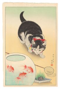 Gold-fish Basin and Cat / Ohara Koson (Shoson)